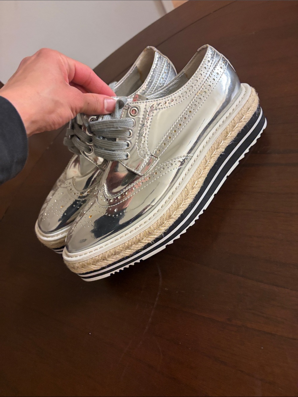 Prada Silver Metallic Platform Espadrille Loafers